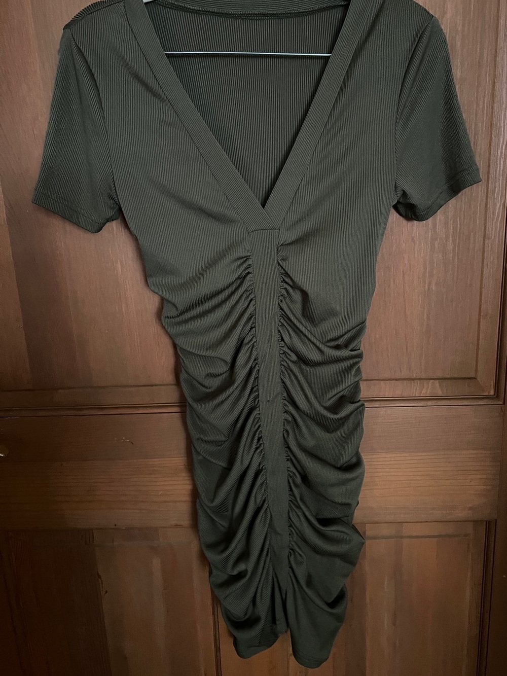 Ruched V-Neck Short Sleeve dress in Olive Green